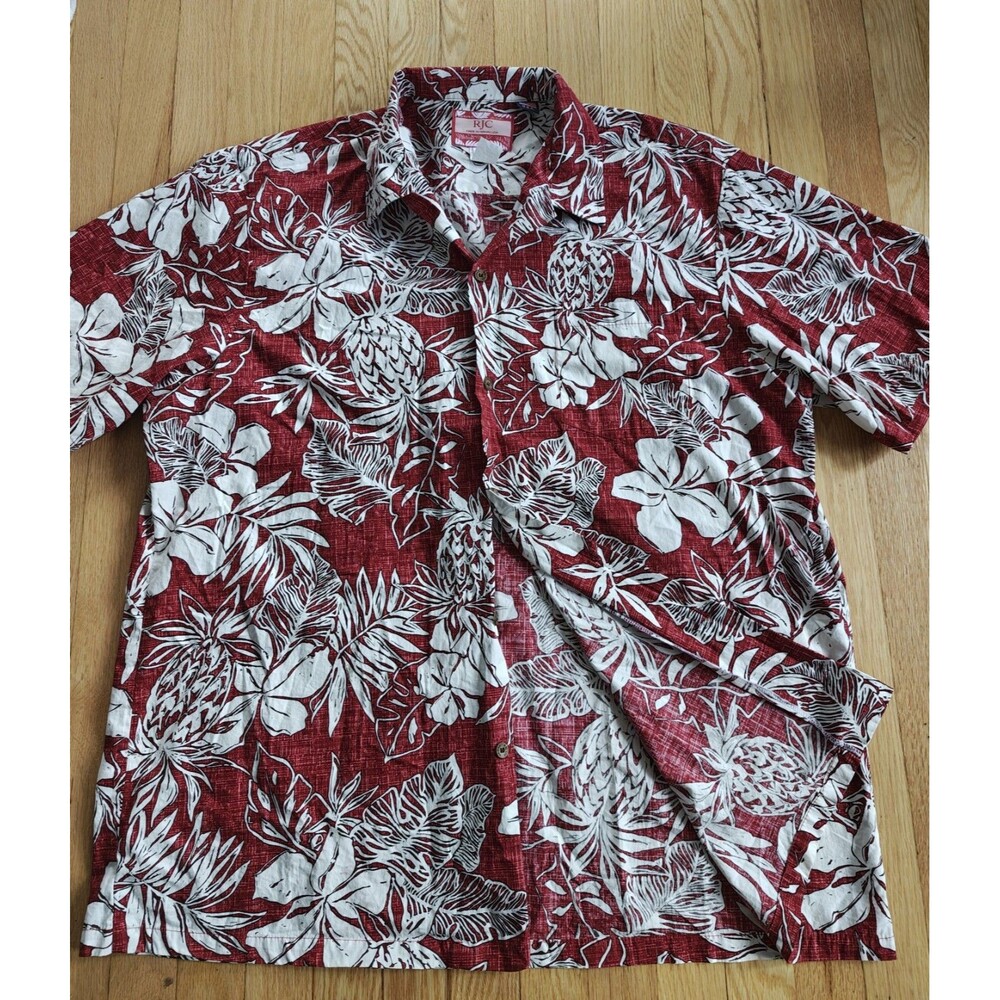 Men's RJC Hawaiian Aloha Shirt 2XL Red Short Sleeve Button Up Tropical Camp